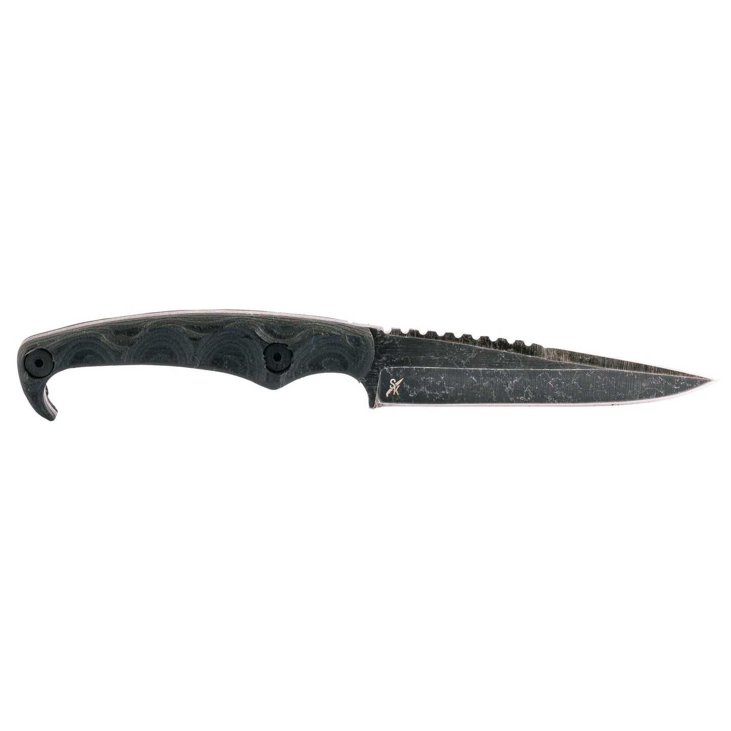 Stroup Knives, MK2, Fixed Blade Knife, 4" Clip Point Blade, 1095 High Carbon Steel, 8" Overall Length, Acid Etched Finish, Black, G10 Handle, Includes Sheath